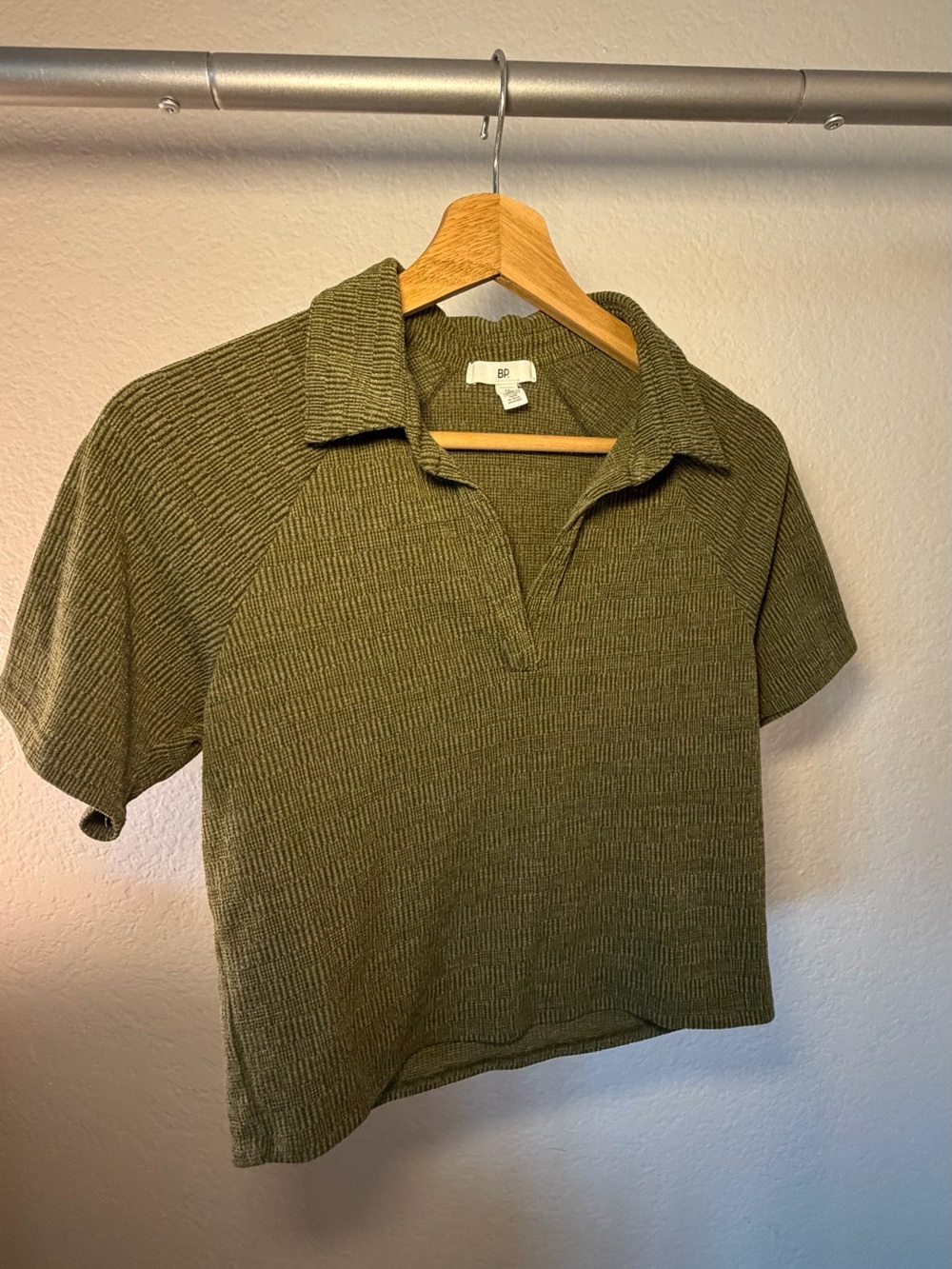 BP Olive Green Short Sleeve Collared Knit Top
